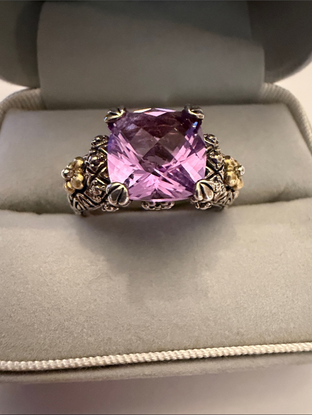 Barbara Bixby Vintage 18K 925 Amethyst Cushion-Cut Floral Statement Ring